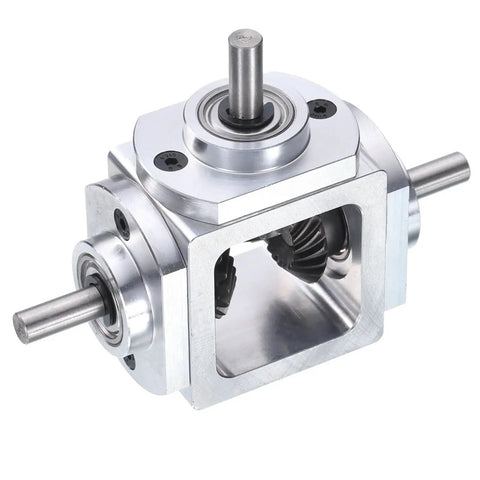 90 Degree Bevel Gearbox 1to1 Reversing Dual Outputs Aluminum Frame 6mm Shaft with visible gears and aluminum construction