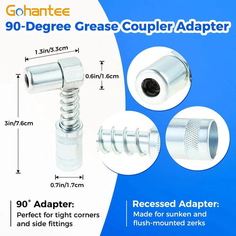 90 degree grease coupler adapter with measurements for tight and recessed fittings