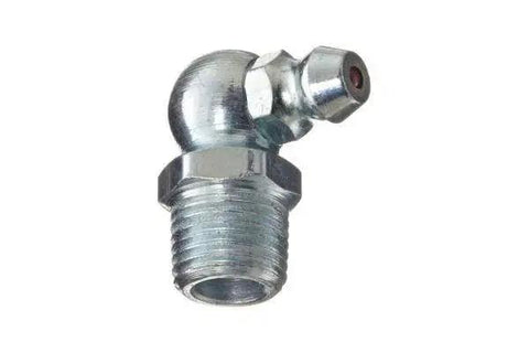 Close-up of 90-degree angle grease fitting from 80 Piece SAE Grease Fittings Set with Common 1/8 NPT and 1/4-28 Threads LockNLube Brand.