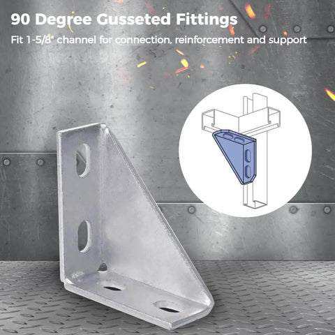90 Degree Gusseted Fittings for Unistrut Channel 1-5/8 Inch: Carbon Steel Q235 4-Hole Right Angle Connector Brackets on metal surface