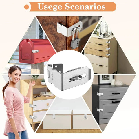 Collage showing 90 Degree Hasp Lock Latch for Desk Drawers and Cabinets, highlighting its use on furniture and security applications