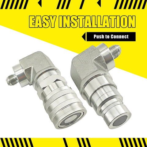 90 Degree Flat Face Hydraulic Quick Connect Coupler Set For Skid Steer With Three Eighths JIC Male Thread And Dust Cap In Heavy Duty Steel
