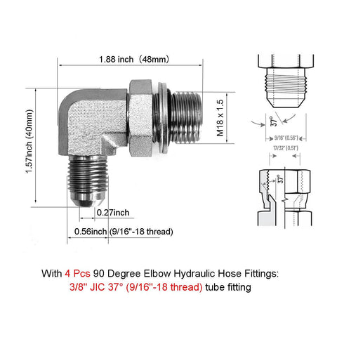 4 pcs 90 degree elbow hydraulic hose fittings with 3/8" JIC 37° (9/16"-18 thread), tube fitting dimensions