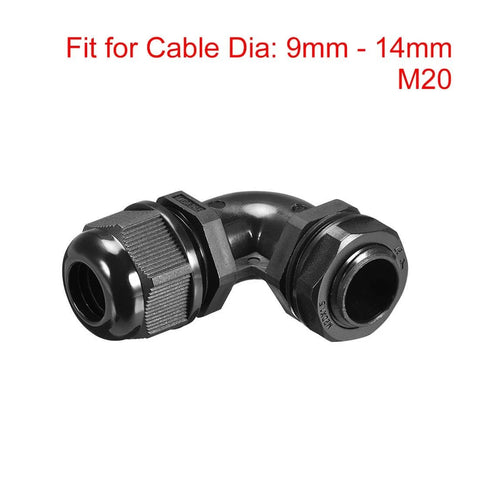 90 Degree M20 Cable Gland Waterproof IP68 Nylon Joint With Adjustable Locknut, Fits 9mm To 14mm Cable Diameter, Black