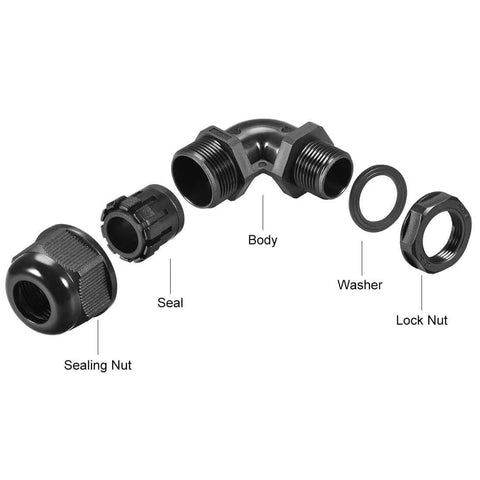 Exploded view of 90 Degree M20 Cable Gland Waterproof IP68 Nylon Joint With Adjustable Locknut, Fits 9mm To 14mm Cable Diameter