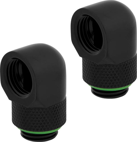 Two black 90° rotary adapters with knurled bases and green rings, twin pack
