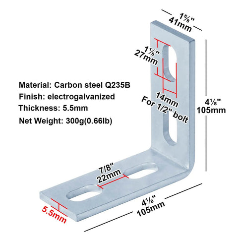 Ten Pack 90 Degree Strut Channel Fittings For One And Five Eighths Inch Systems, L Shaped Angle Brackets With Four Slot Holes, Seven Thirty Two Inches Thick, Carbon Steel Electro Galvanized Finish In Silver, front view showing dimensions and material details.
