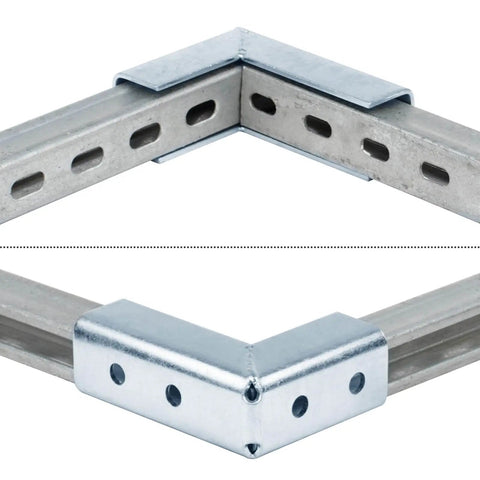 Two Pack 90 Degree Bend Strut Fittings For One And Five Eighth Inch Strut Channel Wrap Angle Splice Brackets Five Thirty Second Inch Thick Electro Galvanized Carbon Steel Silver Finish, installed view.