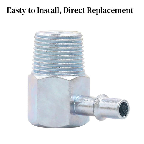 Aluminum 90-degree vacuum fitting with 3/8 NPT male thread to 1/4 inch nipple, automotive manifold adapter
