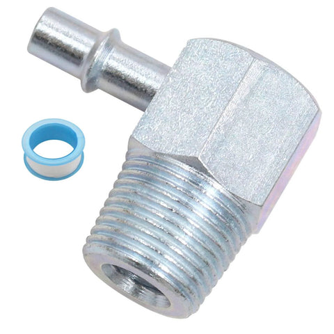 Aluminum 90-degree vacuum fitting, 3/8 NPT to 1/4 nipple; universal for Chevy SBC/BBC/Ford Buick; includes blue seal ring.