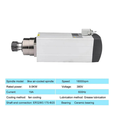 Beefy 9.0 Kw Air Cooled CNC Spindle Motor With ER32 Chuck 18000 RPM Square Mount 4 Bearings displayed with technical specs label