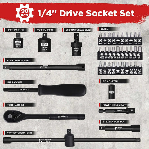 1/4" Drive Impact Socket Set 90 Piece, Metric Socket (4-15mm) and Standard SAE Size (5/32-9/16 inch) with 72-Teeth Ratchet layout