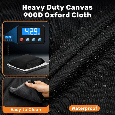 Heavy Duty 900D Pallet Cover For 49 By 41 By 49 Inches Waterproof Tarp with digital weight display and close-up texture view.