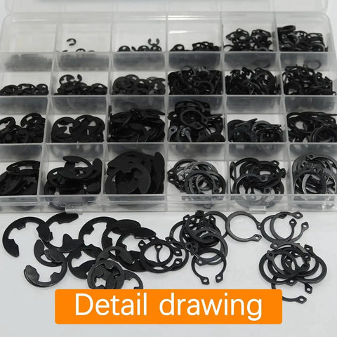 Detail view of 900 Pcs C Clips And E Clips Assortment Kit With 24 Sizes External Retaining Rings in black carbon steel