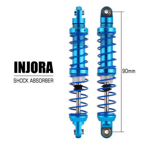 Oil adjustable RC shock absorber set with dual-stage springs delivers smooth damping for 1/10 crawlers, reduces chassis vibration, and upgrades handling; durable metal build and easy installation for Axial SCX10 TRX4 D90 90mm.