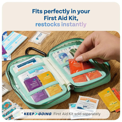 86 Piece Colorful Kids First Aid Kit Refill With Kid Friendly Bandages And Fun Stickers For KeepGoing Kits in use with open case