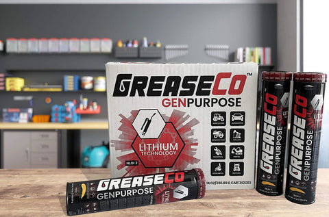 GreaseCo GenPurpose lithium grease cartridges, amber NLGI 2, 14 oz, four tubes beside the box.
