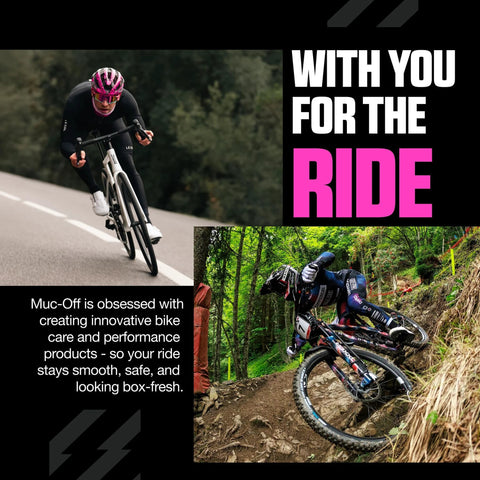 Promotional collage of road and mountain cyclists with bold white and pink RIDE text on a black background.