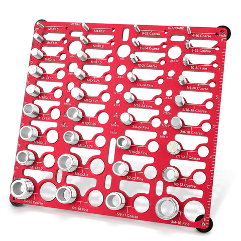 All In One Bolt Thread Checker Gauge Kit For Imperial And Metric Sizes Identifies 20 Standard Threads And 16 Metric Sizes Wall Mountable With Drill Bit Gauge Red, displaying various threaded hole sizes.