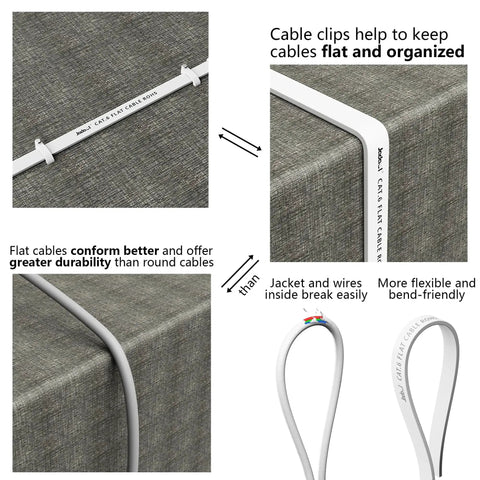 Flat Cat6 Ethernet Cable 50 Ft RJ45 Patch Cable For High Speed Internet shown installed with clips on a grey fabric surface.