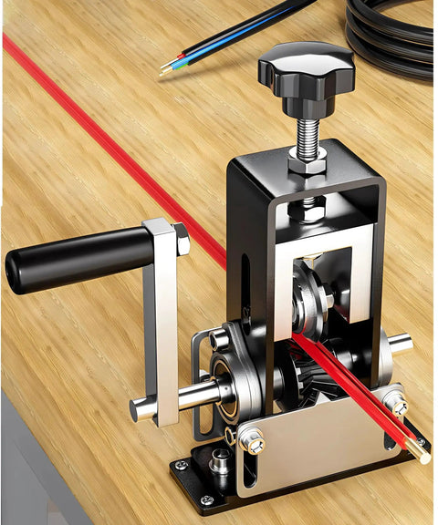 Portable Electric Wire Stripping Tool With Dual Manual And Drill Powered Modes showing aluminum body and steel blades.