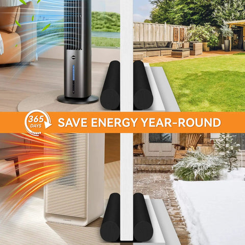 Two Pack Under Door Draft Stopper For 30 To 36 Inch Doors, Adjustable Gap Filler And Door Seal shown on door with indoor-outdoor scenes
