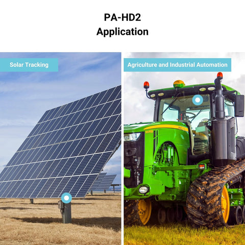 Progressive Automations 12V linear actuator applications: solar panels and green farming tractor.