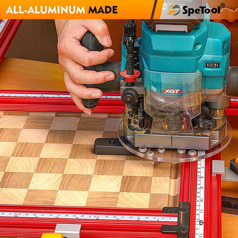 Close-up of Juice Groove Router Jig For Cutting Boards With Adjustable Templates And Metric Imperial Scales in use on wood.