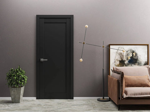 Lite Slab Barn Door Panel 42 X 96 Inches Matte Black With Solid Pine And Eco Veneer Finish installed in modern room interior