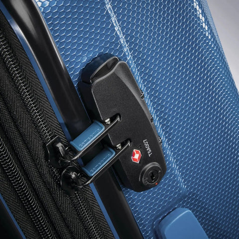 Close-up of TSA lock on Lightweight 3-Piece Polycarbonate Spinner Suitcase Set With 4 Smooth Spinner Wheels, Lagoon by Samsonite Swerv DLX.