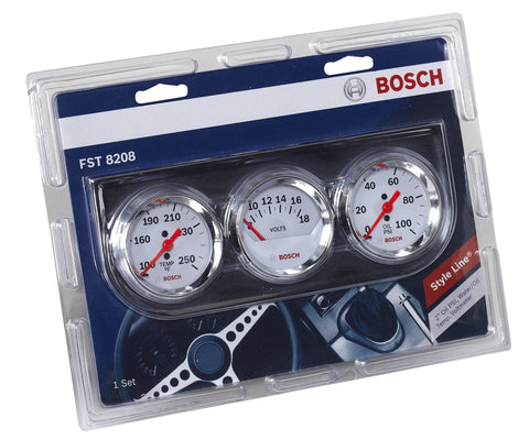 Bosch Style Line 2-inch triple gauge kit with white dial faces and chrome bezels, three gauges in blister pack