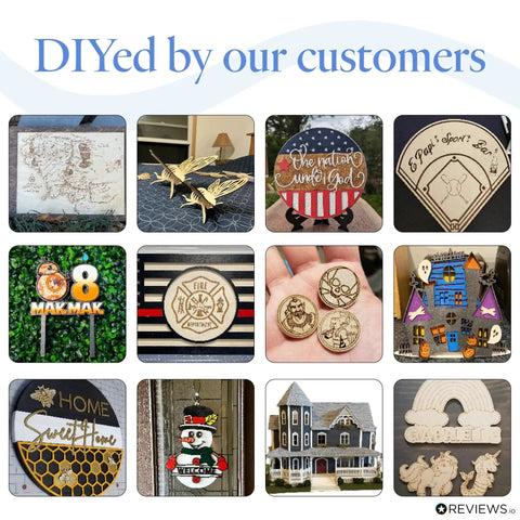 Collage of DIY projects by customers using Baltic Birch Plywood Sheets 3mm Thick One Eighth Inch, 12 Inch By 20 Inch, Box Of 20 BB Grade Craft Wood.