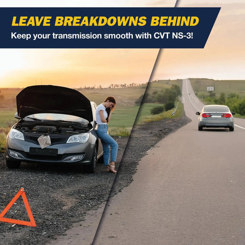 Car with open hood and warning triangle, promoting NS3 Synthetic CVT Transmission Fluid for Nissan And Mitsubishi CVTs 4L Bottle