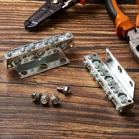 Ground Bar Kit With 11 Terminal Ground Bus Bar No 14-6 Small And 14-1/0 Large Opening 2 Pack Heavy Duty Grounding Busbar shown on wood surface