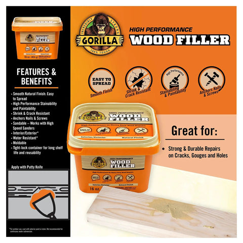 All Purpose Wood Filler Natural Finish 16 Oz Water Resistant Indoor Outdoor Use product packaging and features display