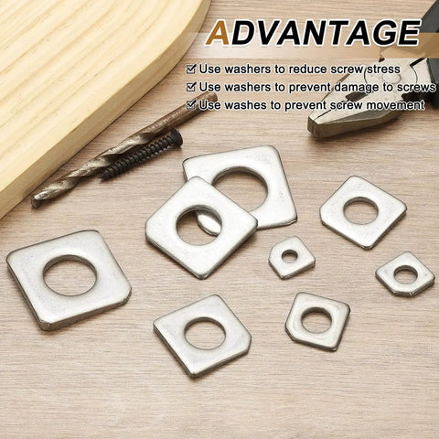 M12 Beveled Square Washers 2 Pack 12x28mm 304 Stainless Steel Flat Spacer Wedge Shim displayed with tools on table.