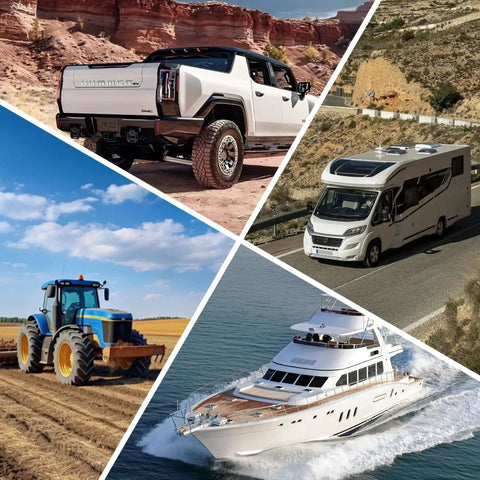 Collage of a truck in rugged terrain, RV on road, tractor in a field, and yacht in the ocean, showcasing various vehicles.