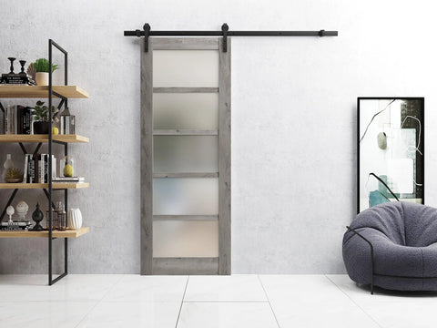 Quadro 4002 Sleek Interior Single Sliding Barn Door With Frosted Glass MDF Core 28x84 Inches installed in modern room.