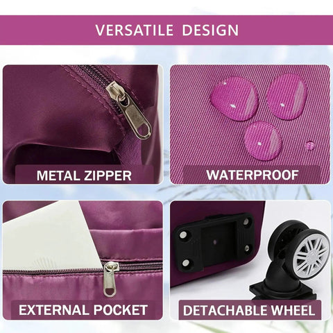 Close-up of expandable foldable duffel bag with detachable wheels, metal zipper, waterproof fabric, external pocket, in purple.