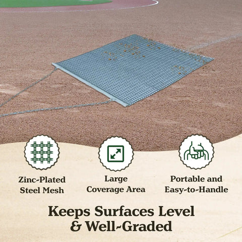 Heavy Duty Zinc And Steel Mesh Field Drag Mat for surface leveling on baseball field, shown on a dirt surface with product features.