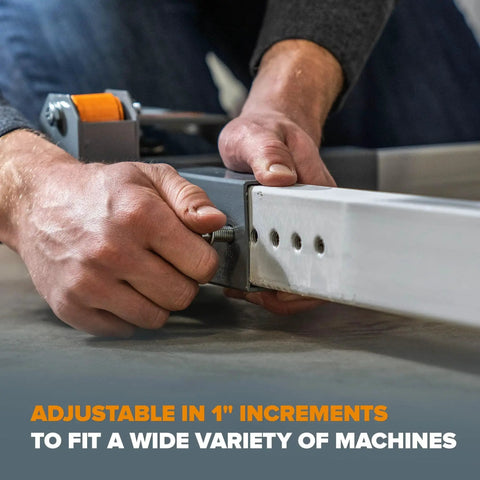 Adjustable mobile base frame with hand tightening a bolt, showing Heavy Duty Mobile Base For Table Saws And Power Tools With Omni Directional Caster Wheels And Universal Tool Stand, 1500 Lb Capacity, Swivel Casters For Easy Movement, PM 3550, Bora Portamate