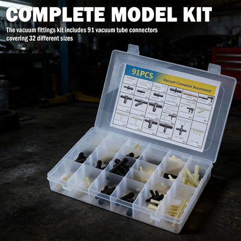 Car vacuum hose connector kit, 91 pcs, 32 sizes, heat-resistant plastic, in clear storage box
