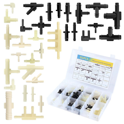 Car vacuum hose connector set, 91 pcs, 32 types, white and black heat-resistant fittings in storage case
