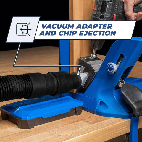 Vacuum adapter and chip ejection on Pocket-Hole Jig 720PRO With Easy Clamping And Adjustable Setup Includes Durable Pocket-Hole Screws For Materials From Half Inch To One And Half Inch Thick A Fast Simple Pro Grade Woodworking Tool For Quick Strong Joints.