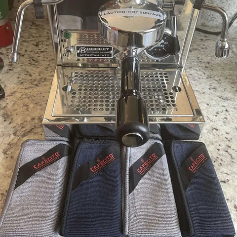 Barista Microfiber Cloths 4 Pack For Espresso Machines And Coffee Stations Pro Grade Cleaning Towels in grey and black