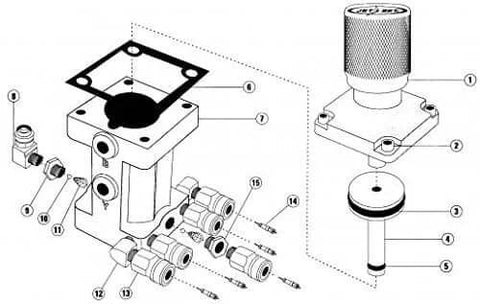 Exploded view of 9100-Stainless Steel JET-SET Piston Pump 5cc max output showing components and assembly