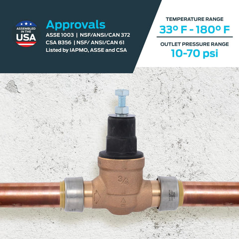 Cash Acme EB45 pressure regulating valve with disconnect clip, 3/4 in push-to-connect, brass body on copper pipe