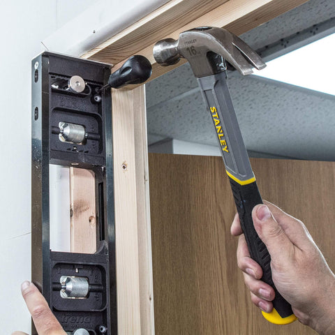 Butt Hinge Template Kit With Fully Adjustable Router Jig DIY Friendly And Handles All Hinge Sizes And Positions From 2 Feet 6 Inches To 9 Feet Quick Accurate Square Or Radius Hinge Routing For Wood Doors And Frames installed on a door frame.