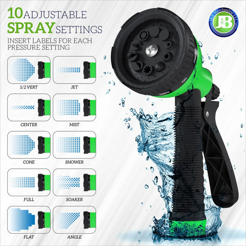 J&B XpandaHose 75ft expandable garden hose with brass 3/4-inch connectors and 10-pattern nozzle; green and black handle.