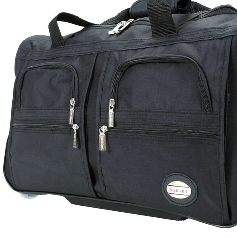 Side view of Rolling Duffel Bag With Extra Large Wheels And A Wide U Shaped Opening, Sleek Black 22 Inch Soft Sided Travel Luggage by Rockland